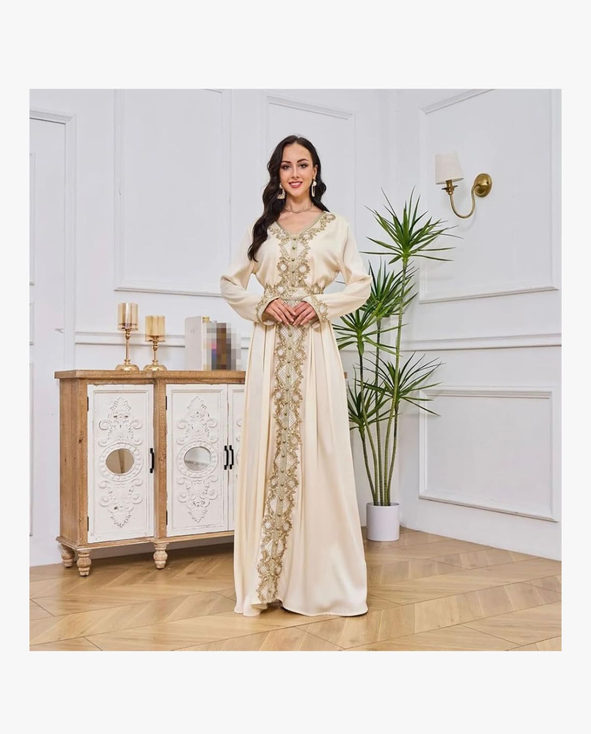 LINA ZAHIRA - Embroidered Moroccan Dress Elegant Casual Long Dress Women Long Sleeve Loose Abaya