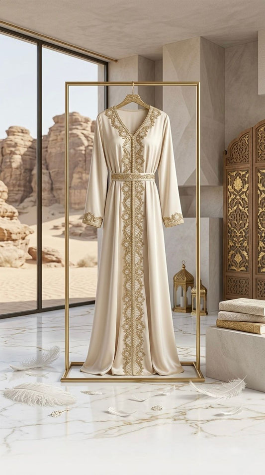 LINA ZAHIRA - Embroidered Moroccan Dress Elegant Casual Long Dress Women Long Sleeve Loose Abaya