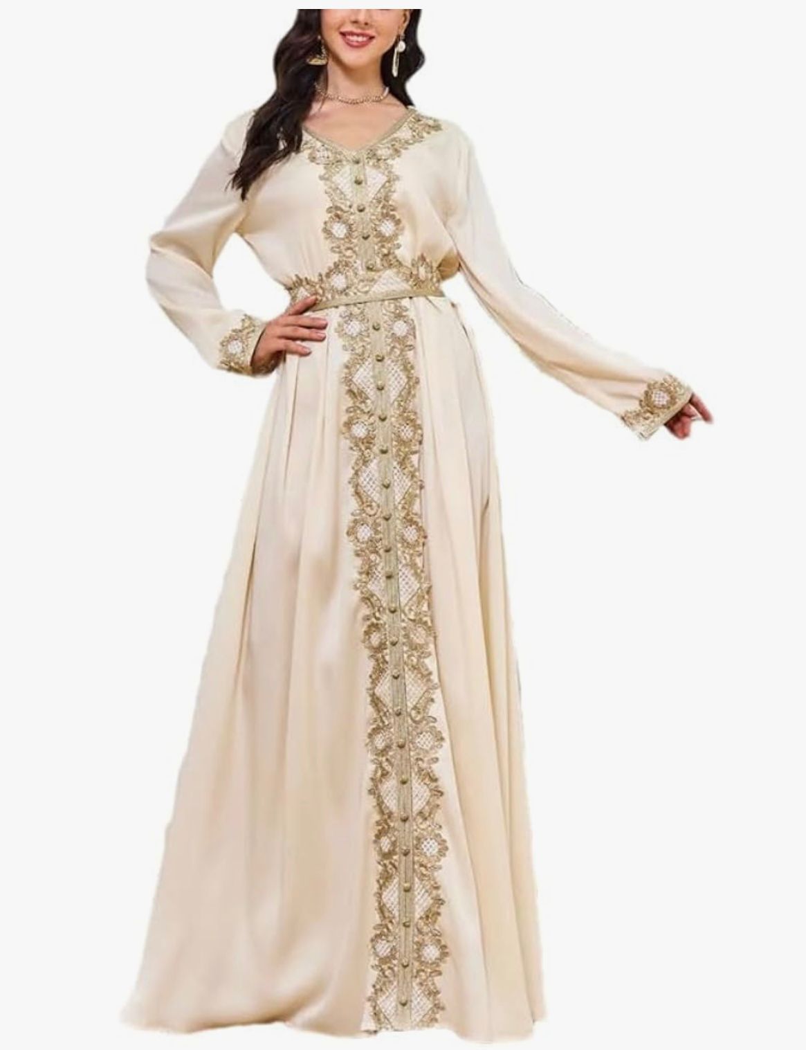 LINA ZAHIRA - Embroidered Moroccan Dress Elegant Casual Long Dress Women Long Sleeve Loose Abaya