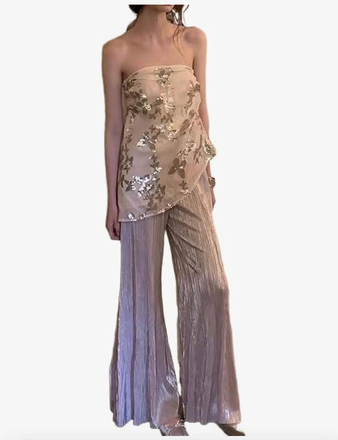 DUA AL SAHRA - Women's Exquisite Sequin Design Sleeveless Top Striped Flowing Trousers 2 Piece Sets