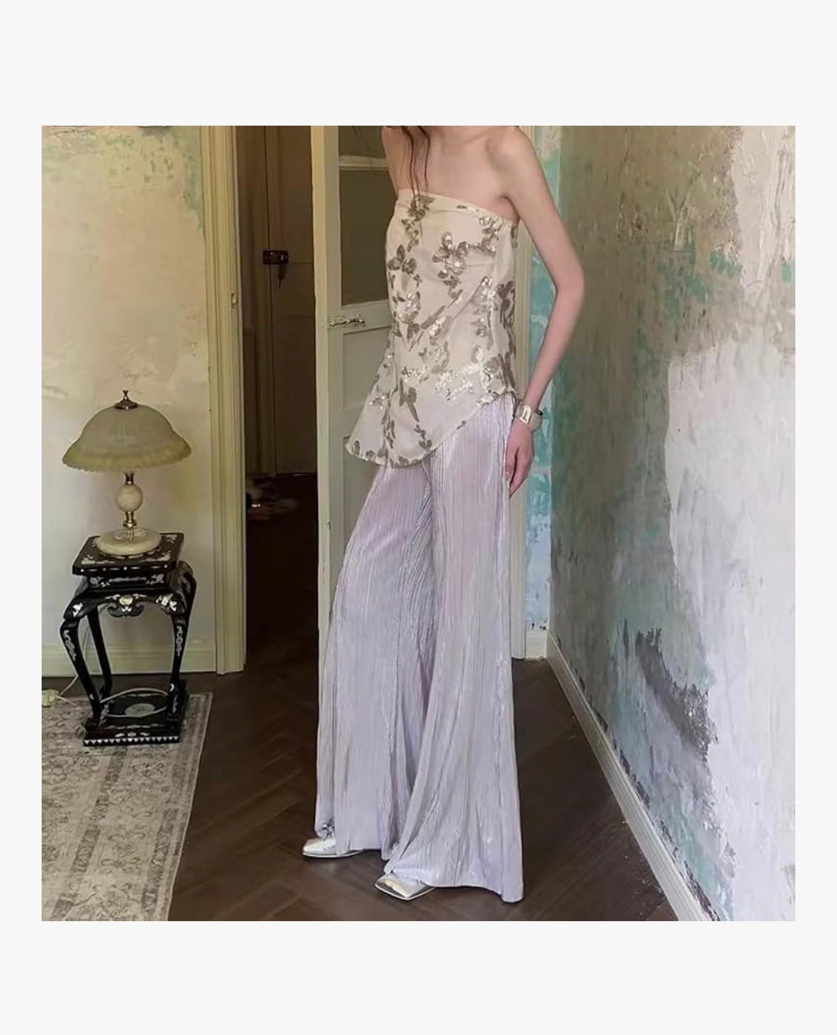 DUA AL SAHRA - Women's Exquisite Sequin Design Sleeveless Top Striped Flowing Trousers 2 Piece Sets