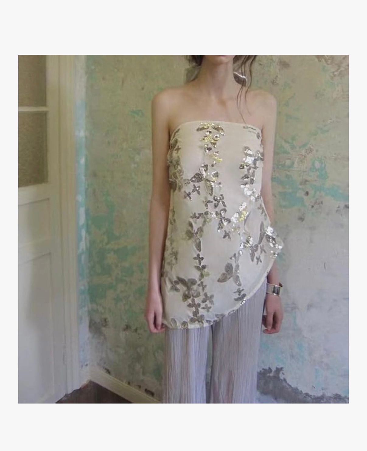 DUA AL SAHRA - Women's Exquisite Sequin Design Sleeveless Top Striped Flowing Trousers 2 Piece Sets