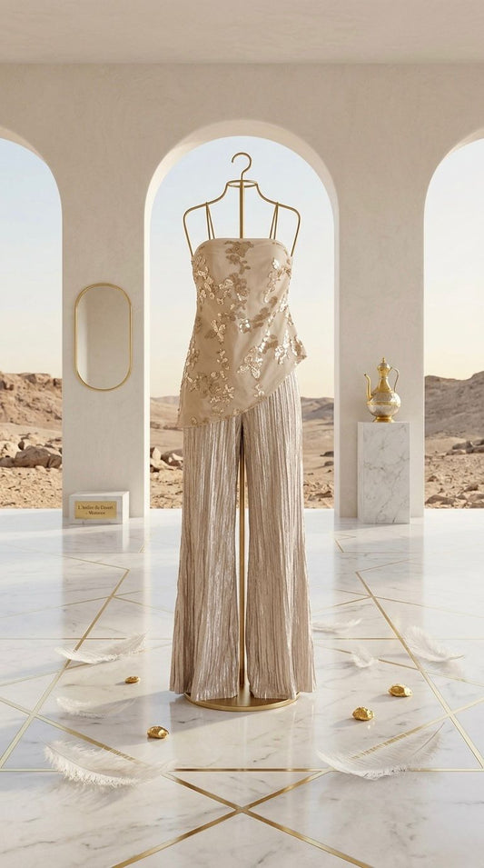 DUA AL SAHRA - Women's Exquisite Sequin Design Sleeveless Top Striped Flowing Trousers 2 Piece Sets