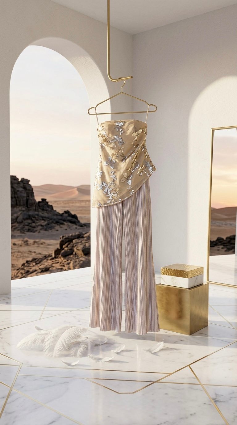 DUA AL SAHRA - Women's Exquisite Sequin Design Sleeveless Top Striped Flowing Trousers 2 Piece Sets
