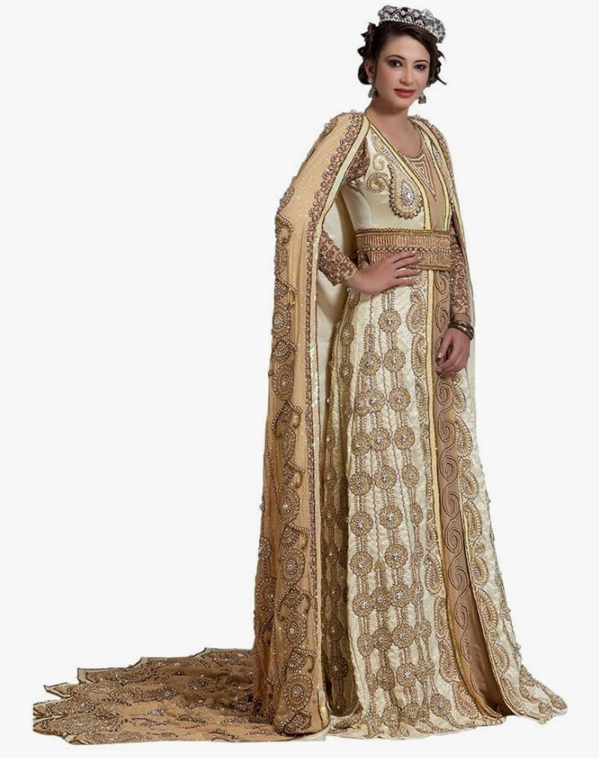 AL-3ROUSSA - Women's Off White and Beige Wedding Dress with Heavy Hand Beaded Veil