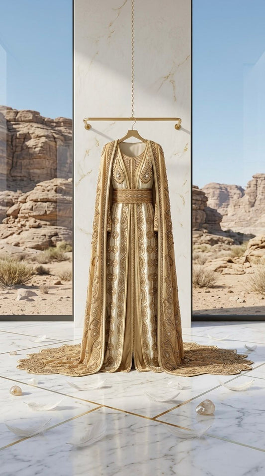 AL-3ROUSSA - Women's Off White and Beige Wedding Dress with Heavy Hand Beaded Veil