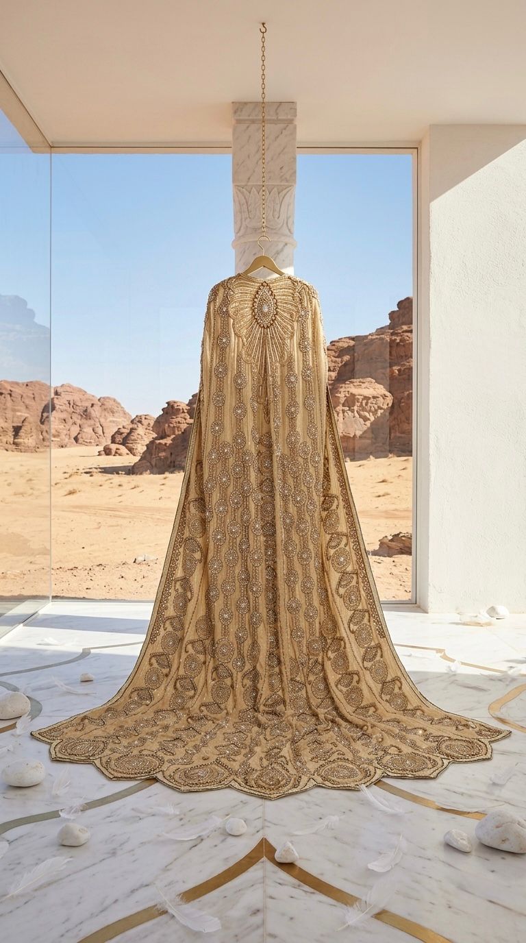 AL-3ROUSSA - Women's Off White and Beige Wedding Dress with Heavy Hand Beaded Veil