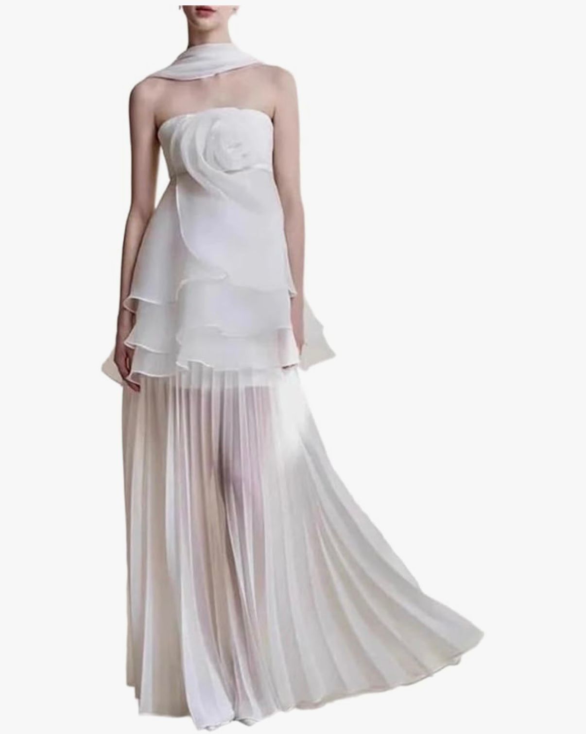 THE BLOOM - Women's Elegant Strapless Flower Top High Waist Pleated Long Skirt Party Sets
