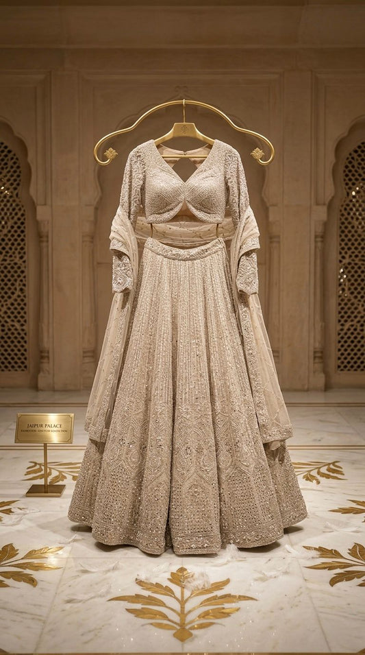 ARIA - Indian Pure Net Fabric Mirroe Hand Diamond Work Reception Wear Lehenga 18886