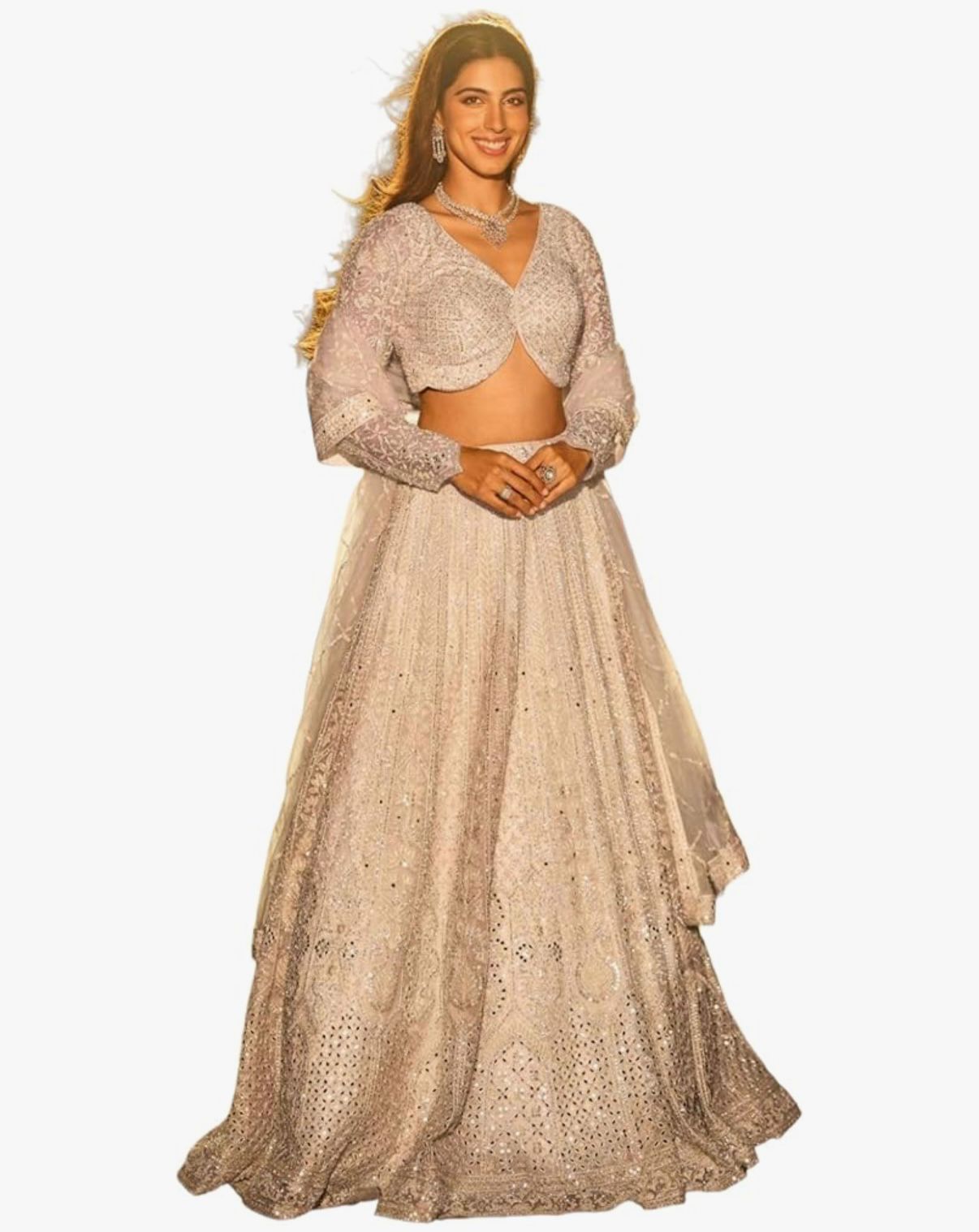 ARIA - Indian Pure Net Fabric Mirroe Hand Diamond Work Reception Wear Lehenga 18886
