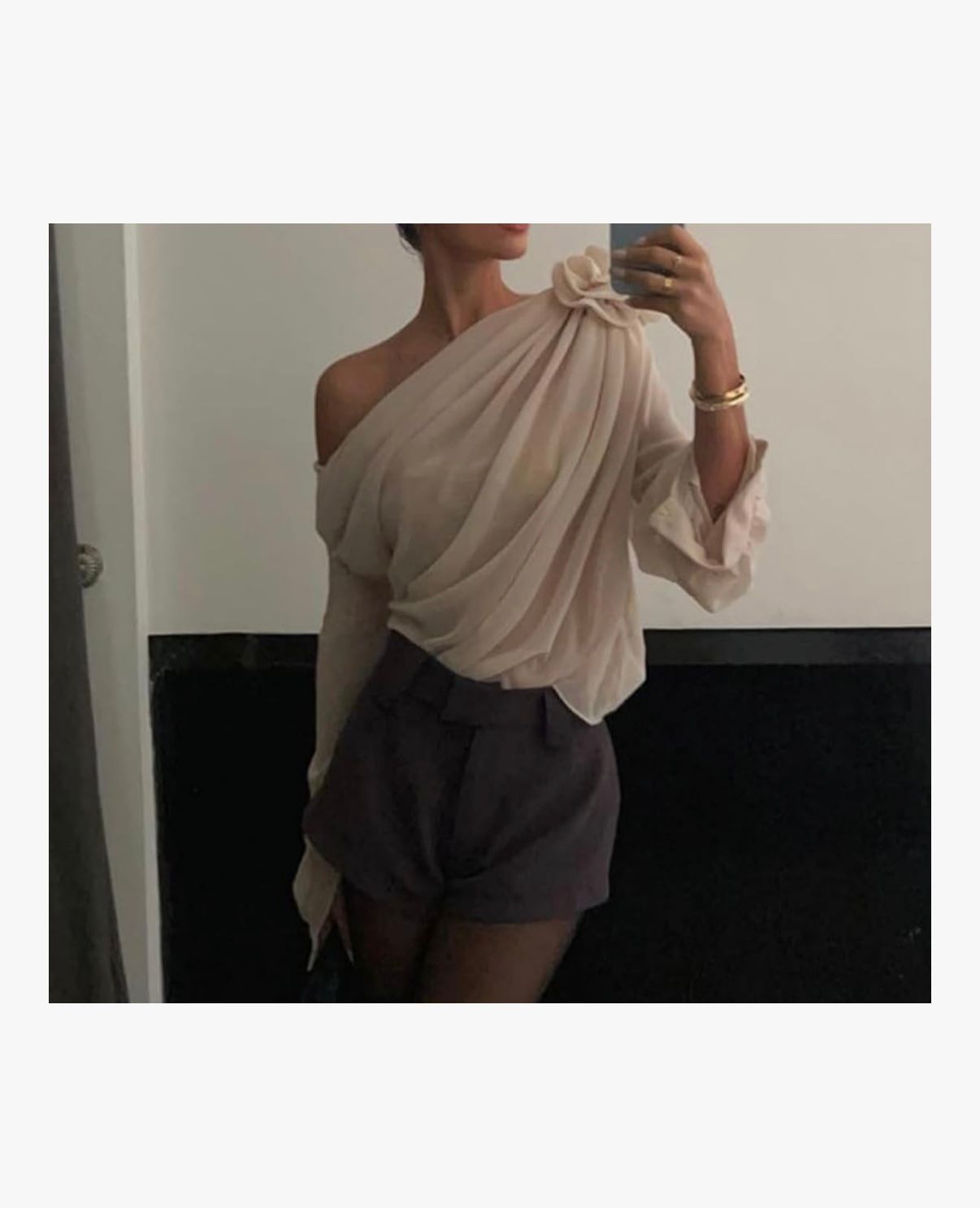 ARISIYA - Women Sexy Chiffon Top One Shoulder Long Sleeve 3D Floral Mesh Shirt Top