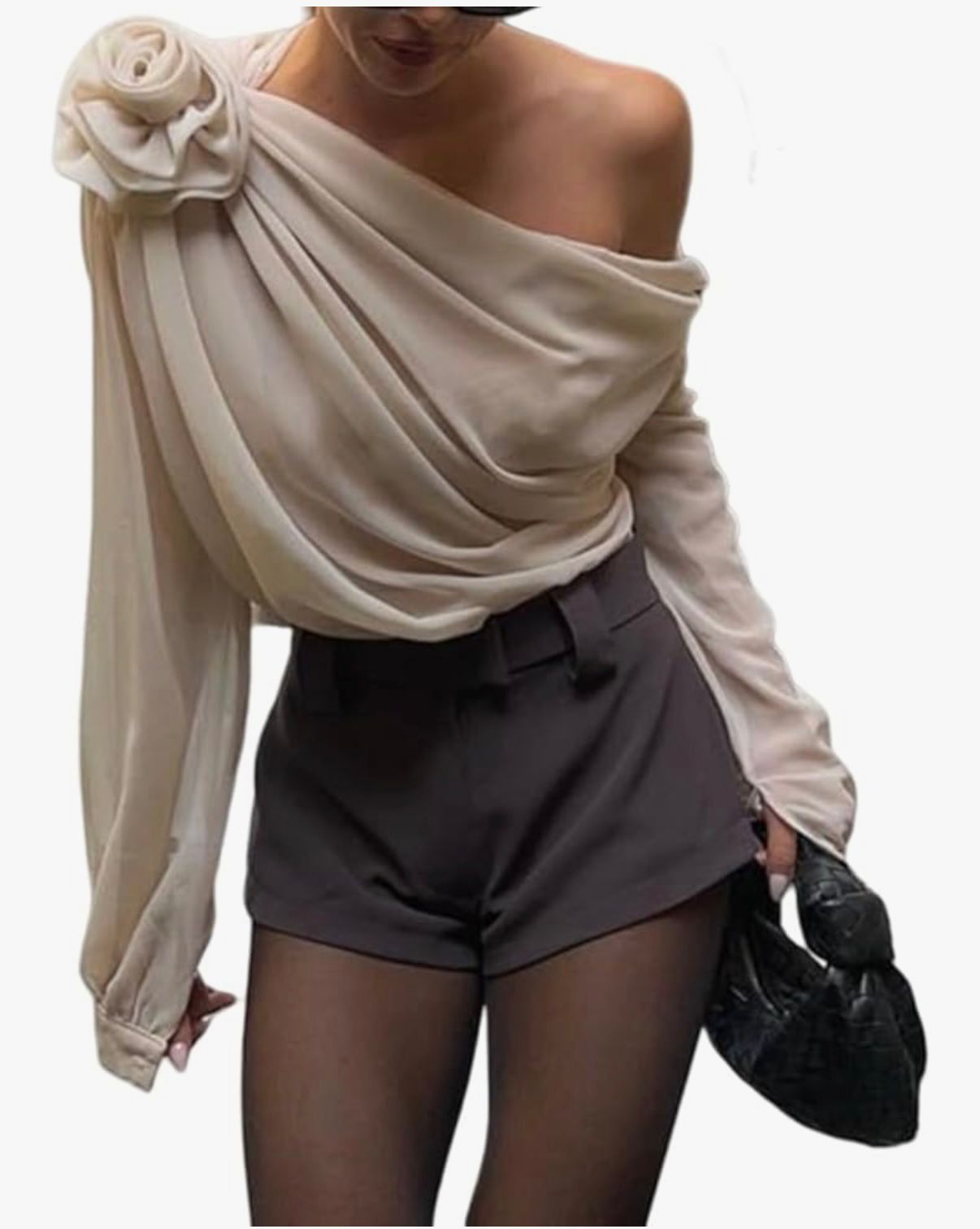 ARISIYA - Women Sexy Chiffon Top One Shoulder Long Sleeve 3D Floral Mesh Shirt Top