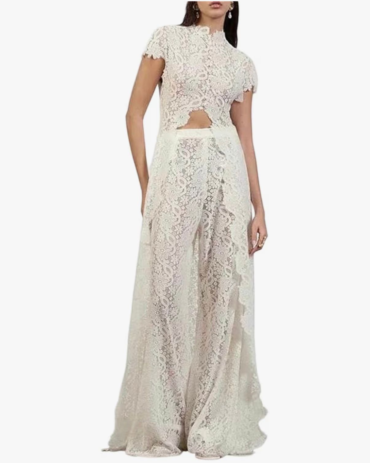 ELLA - Women Lace Embroidery Hollow Out Front Split Short Sleeve Summer Sexy Dress