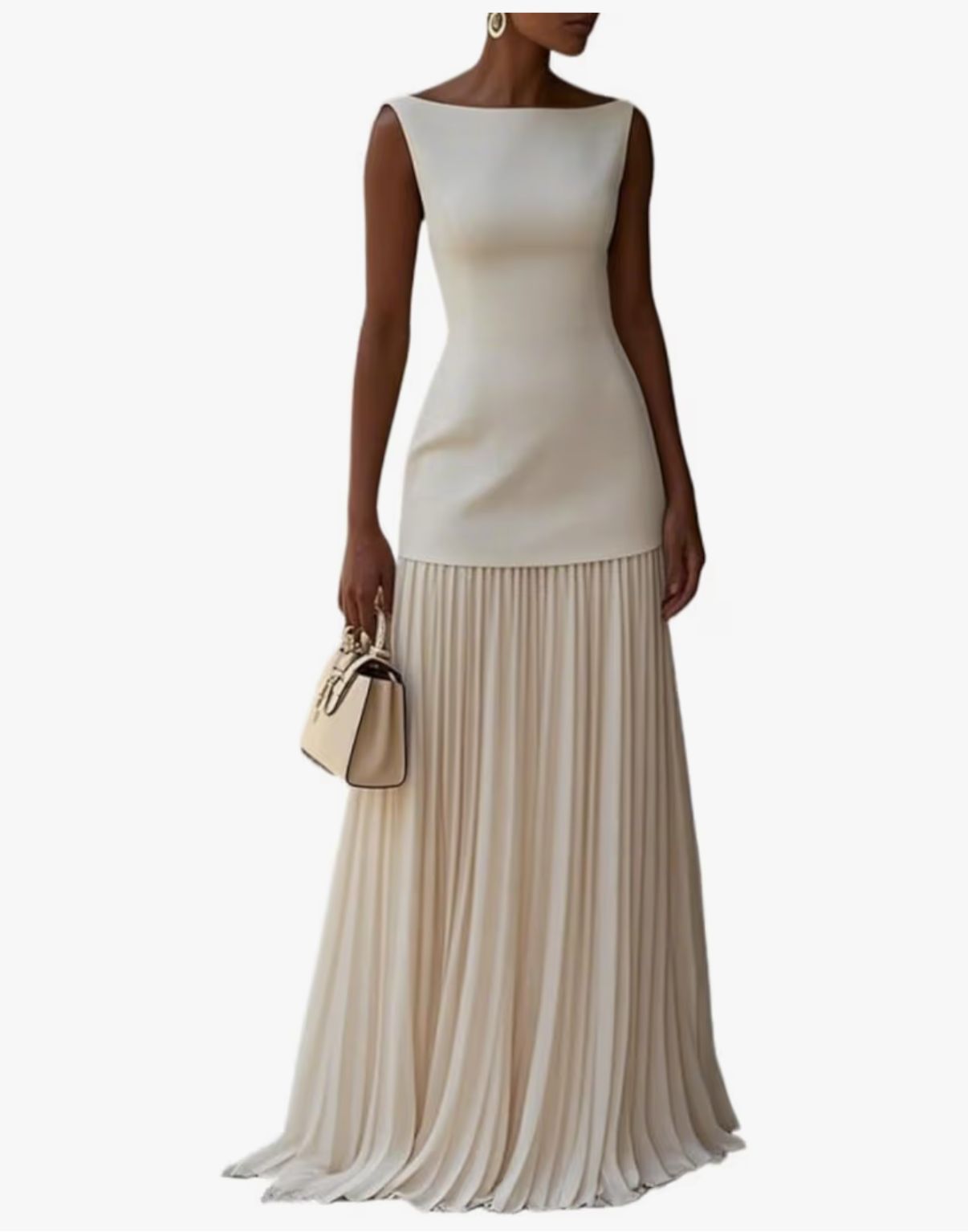 AMARA - Women's Elegant Round Neck Sleeveless Dress, Solid Colour Pleated Maxi Skirt Cocktail Party Dress