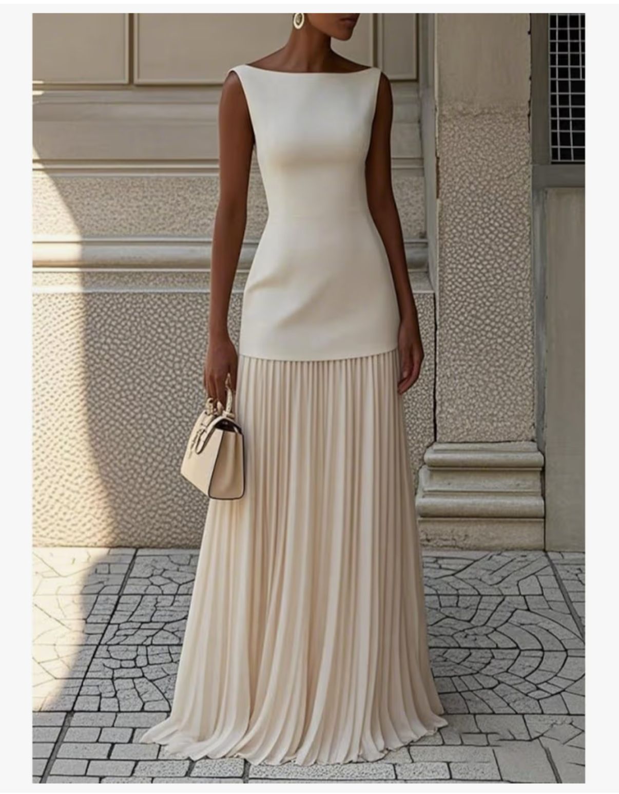 AMARA - Women's Elegant Round Neck Sleeveless Dress, Solid Colour Pleated Maxi Skirt Cocktail Party Dress