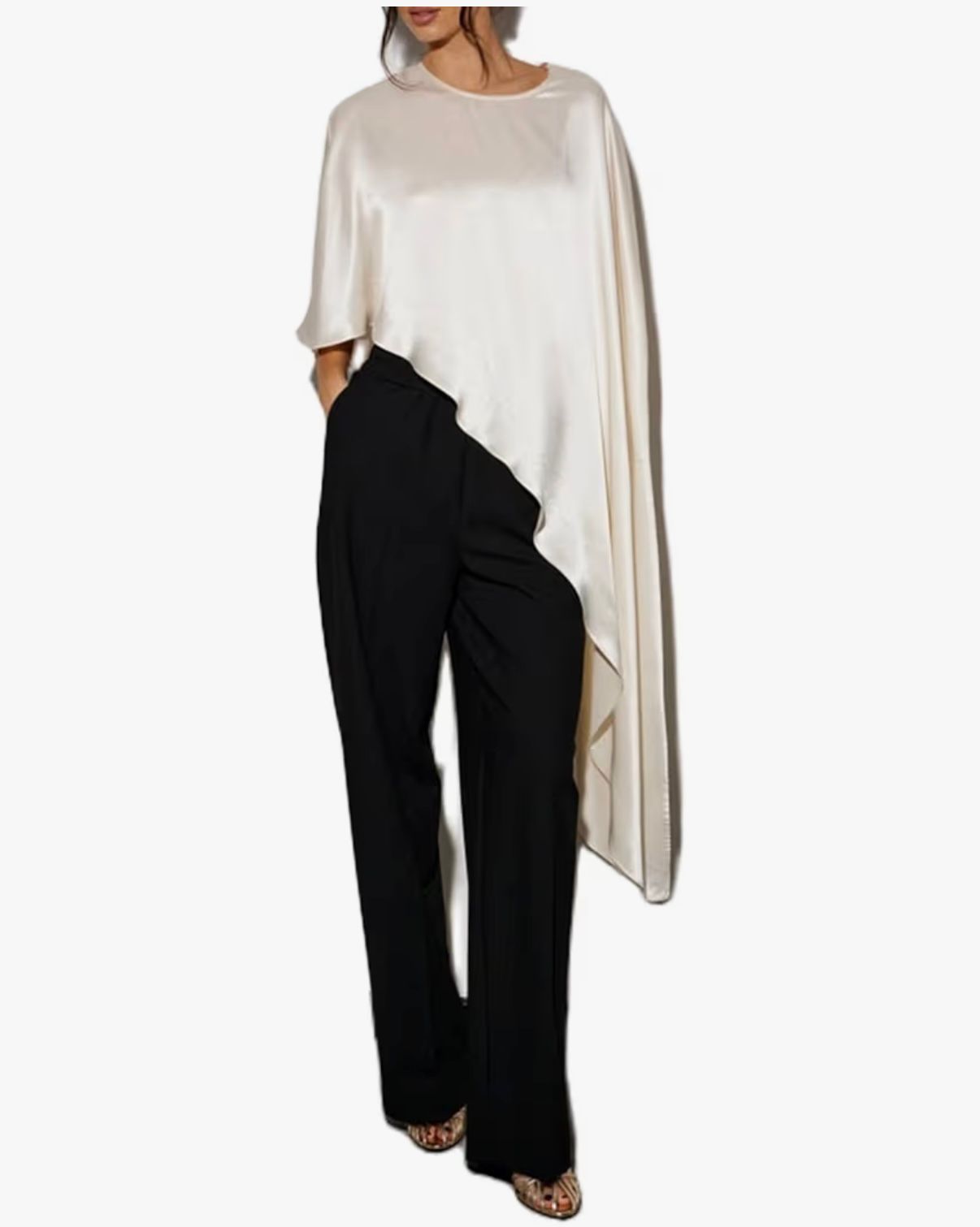 SAFIRA - Women Satin Asymmetrical Hem Poncho Versatile Lightweight Crew Neck Scarf Cape Tops Flowy Loose Fit Cover Up Blouse