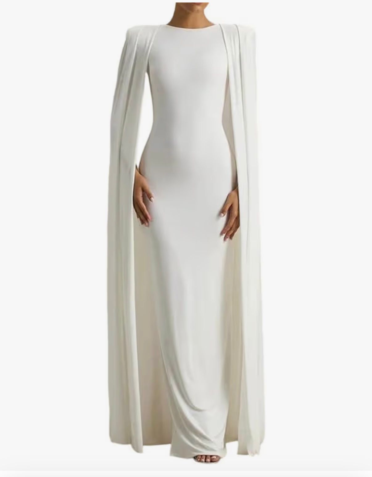 NOA - Women Solid Colour Cape Sleeve Long Maxi Dress Gown Crewneck High Waist Split Party Dresses