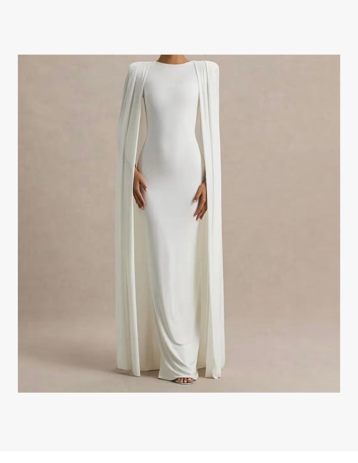 NOA - Women Solid Colour Cape Sleeve Long Maxi Dress Gown Crewneck High Waist Split Party Dresses