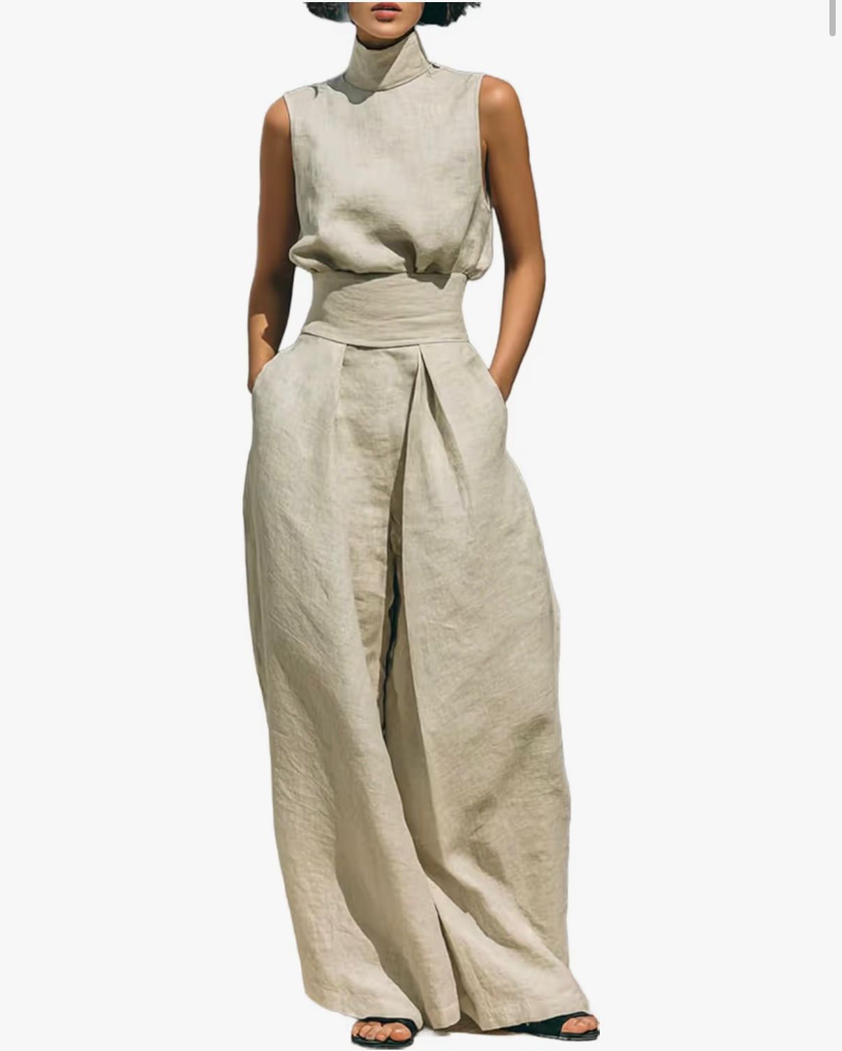 TIA - Casual Two Piece Set for Women Sleeveless Mock Neck High Waist Wide Leg Trousers Loungewear with Pockets