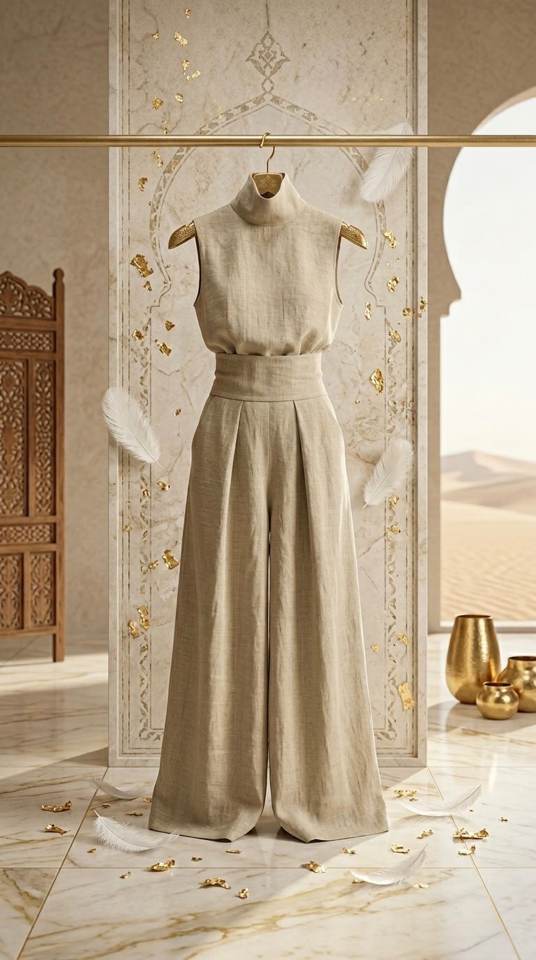 TIA - Casual Two Piece Set for Women Sleeveless Mock Neck High Waist Wide Leg Trousers Loungewear with Pockets