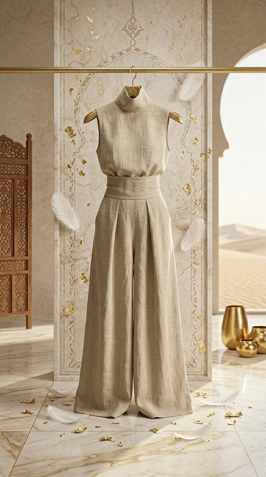 TIA - Casual Two Piece Set for Women Sleeveless Mock Neck High Waist Wide Leg Trousers Loungewear with Pockets