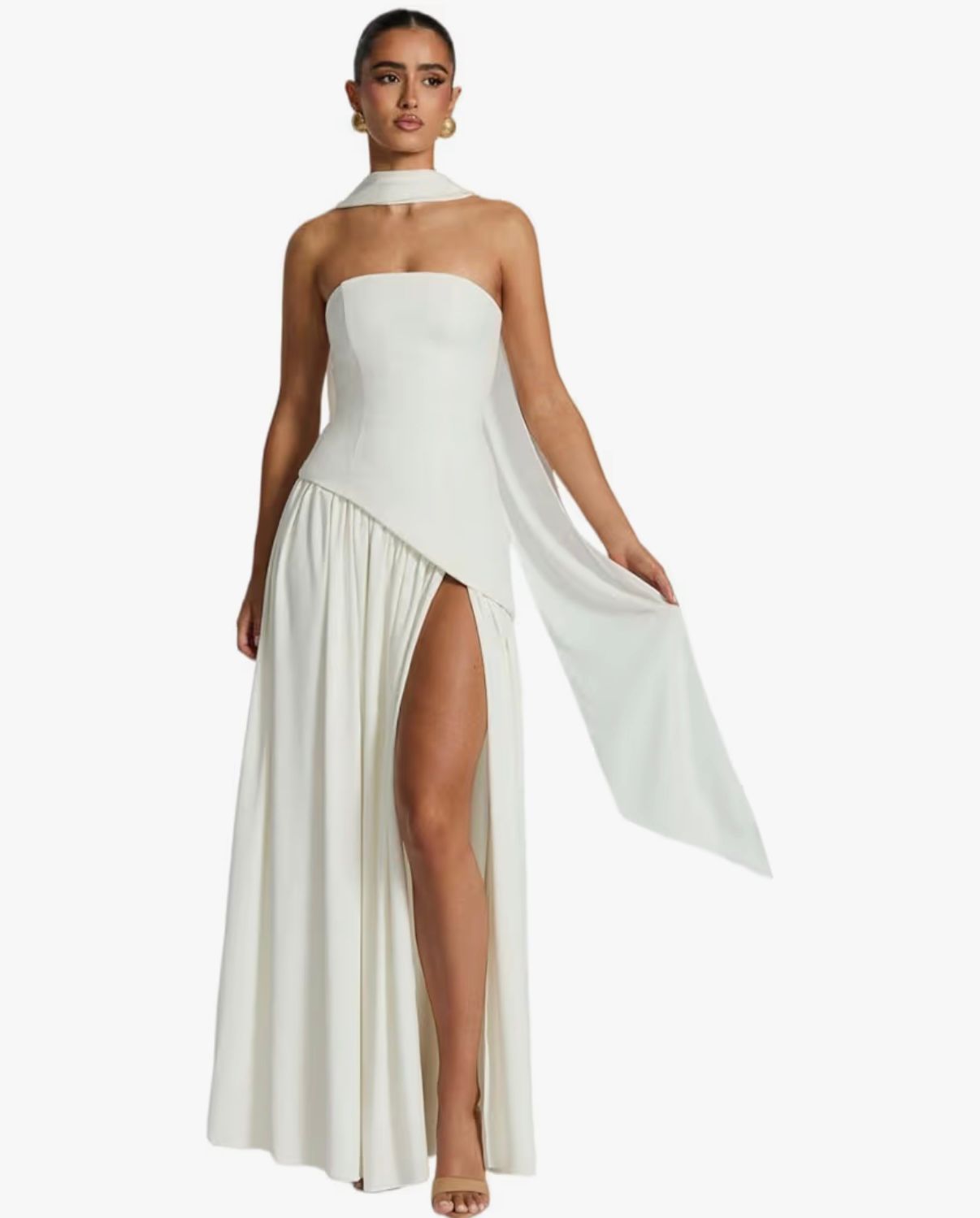 YALI - Satin Bridesmaid Dresses for Wedding Strapless with Scarf Long Formal