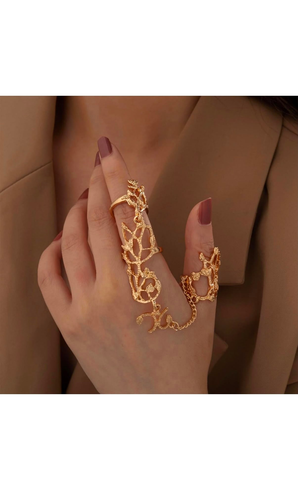 HAIFA - Vintage Ancient Statement Finger Harness Ring - Long Two Finger, Adjustable Fingertip - Gold Jewellery