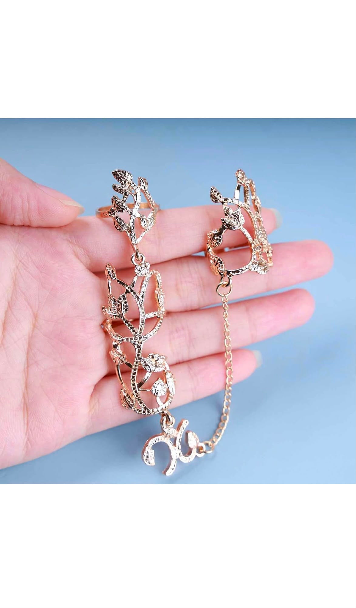 HAIFA - Vintage Ancient Statement Finger Harness Ring - Long Two Finger, Adjustable Fingertip - Gold Jewellery