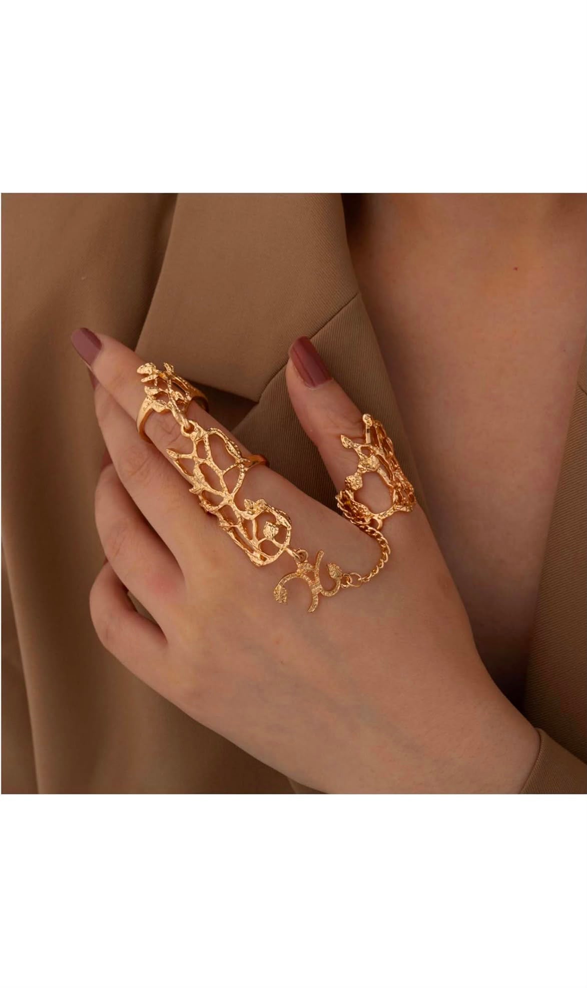 HAIFA - Vintage Ancient Statement Finger Harness Ring - Long Two Finger, Adjustable Fingertip - Gold Jewellery