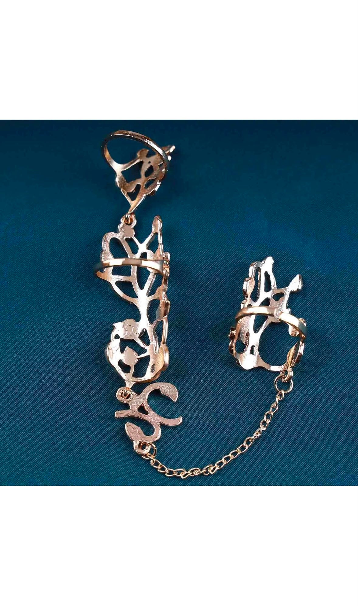 HAIFA - Vintage Ancient Statement Finger Harness Ring - Long Two Finger, Adjustable Fingertip - Gold Jewellery