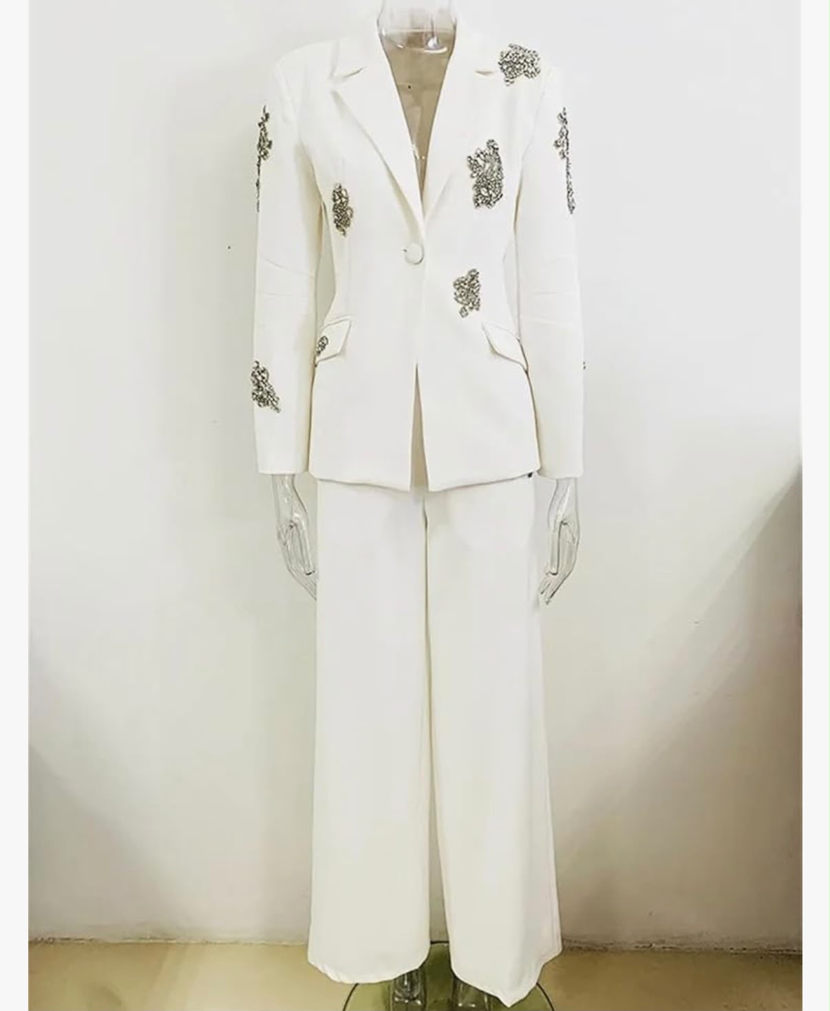 HOUDA - Women Beaded Rhinestones Single Buttons Suit Blazer Wide-Leg Pants Set 2Pcs