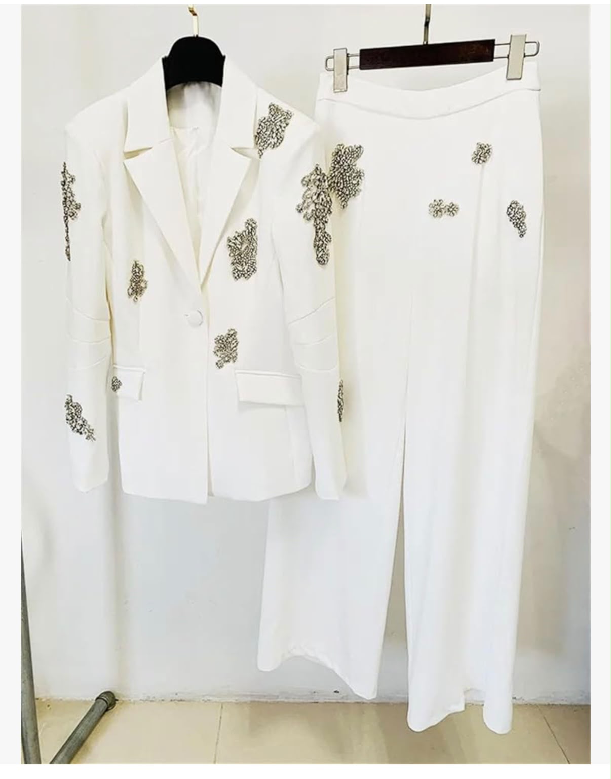 HOUDA - Women Beaded Rhinestones Single Buttons Suit Blazer Wide-Leg Pants Set 2Pcs