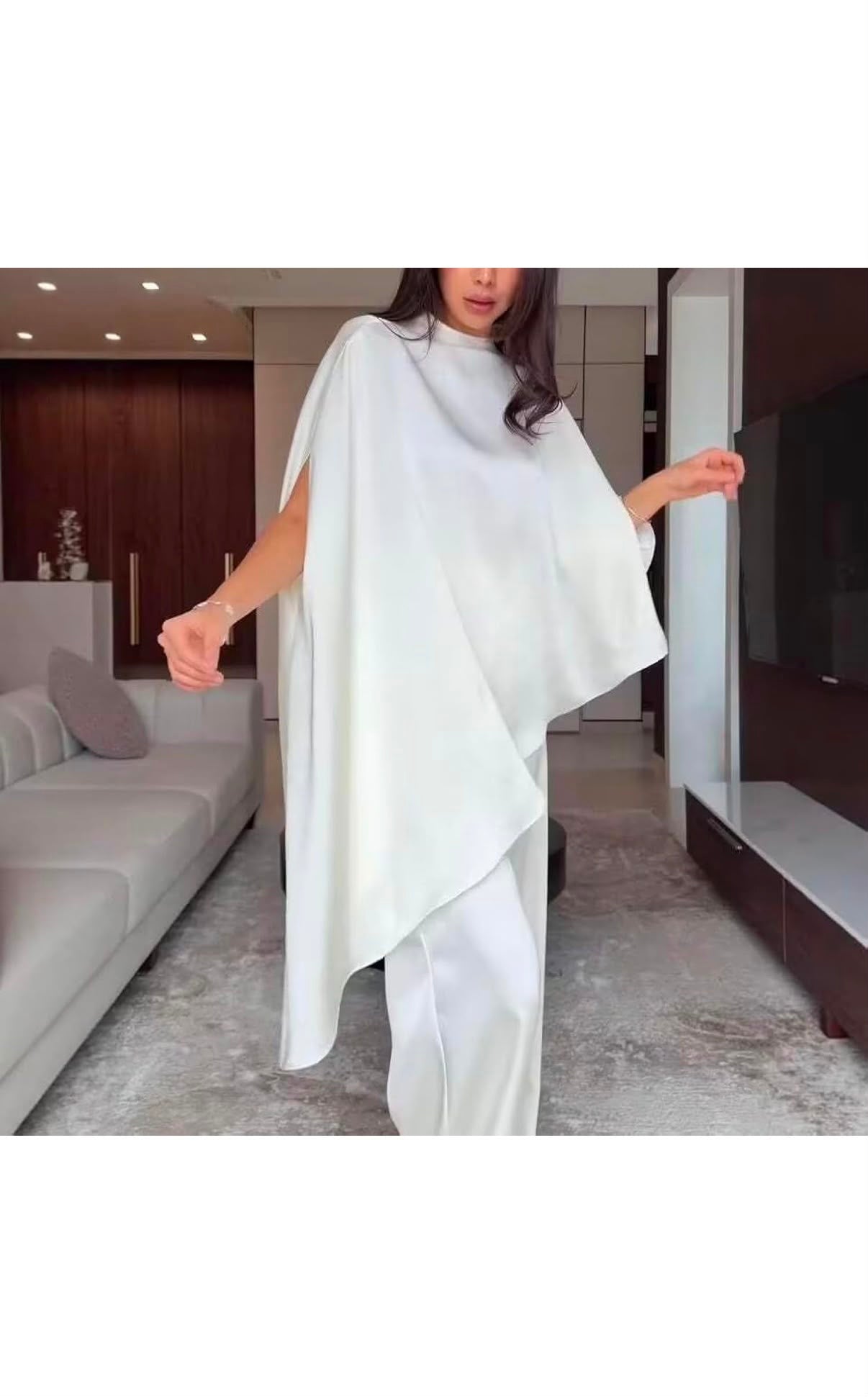 JANAN - Women's Elegant Satin Loose Two Piece Outfit Cape Top & Wide Leg Pants Set