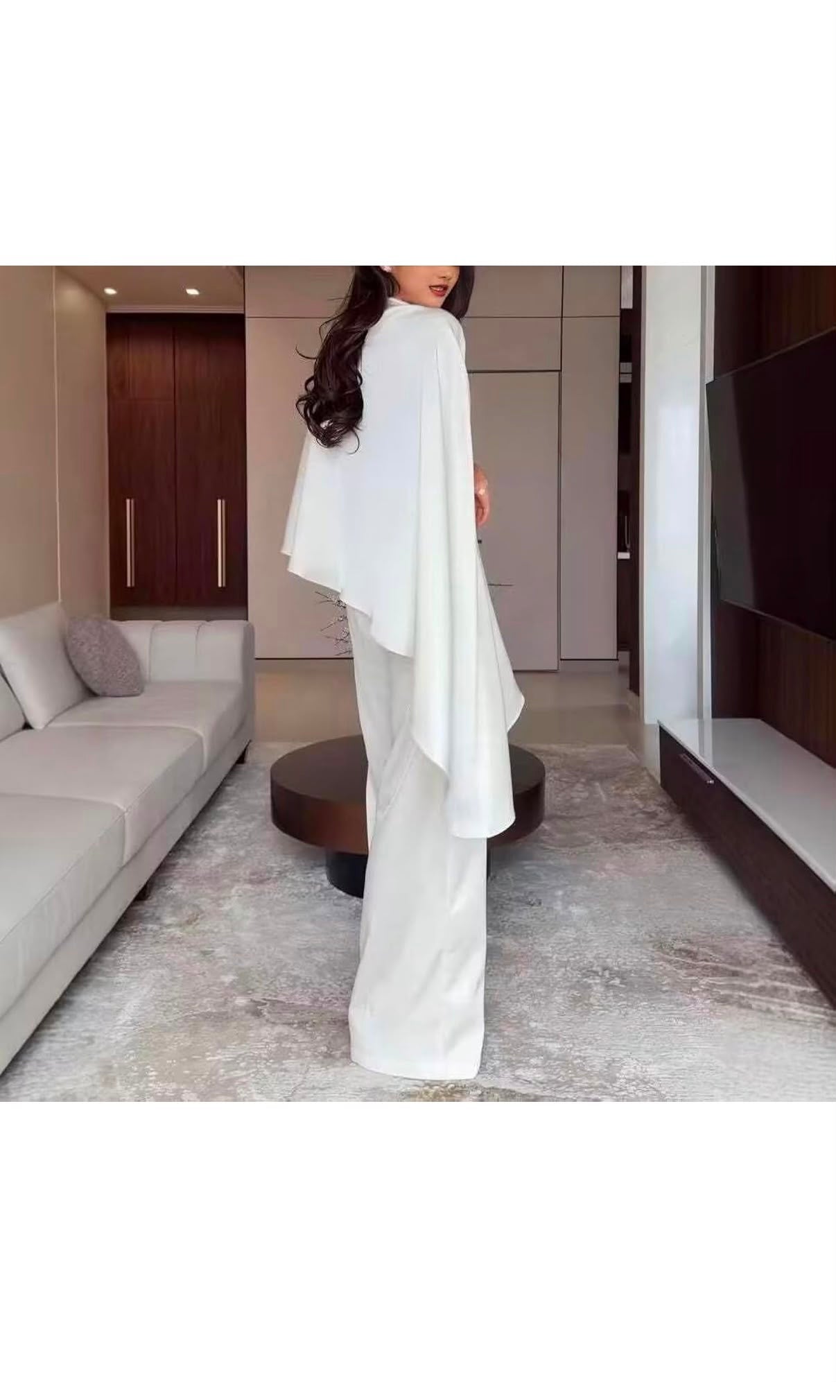 JANAN - Women's Elegant Satin Loose Two Piece Outfit Cape Top & Wide Leg Pants Set