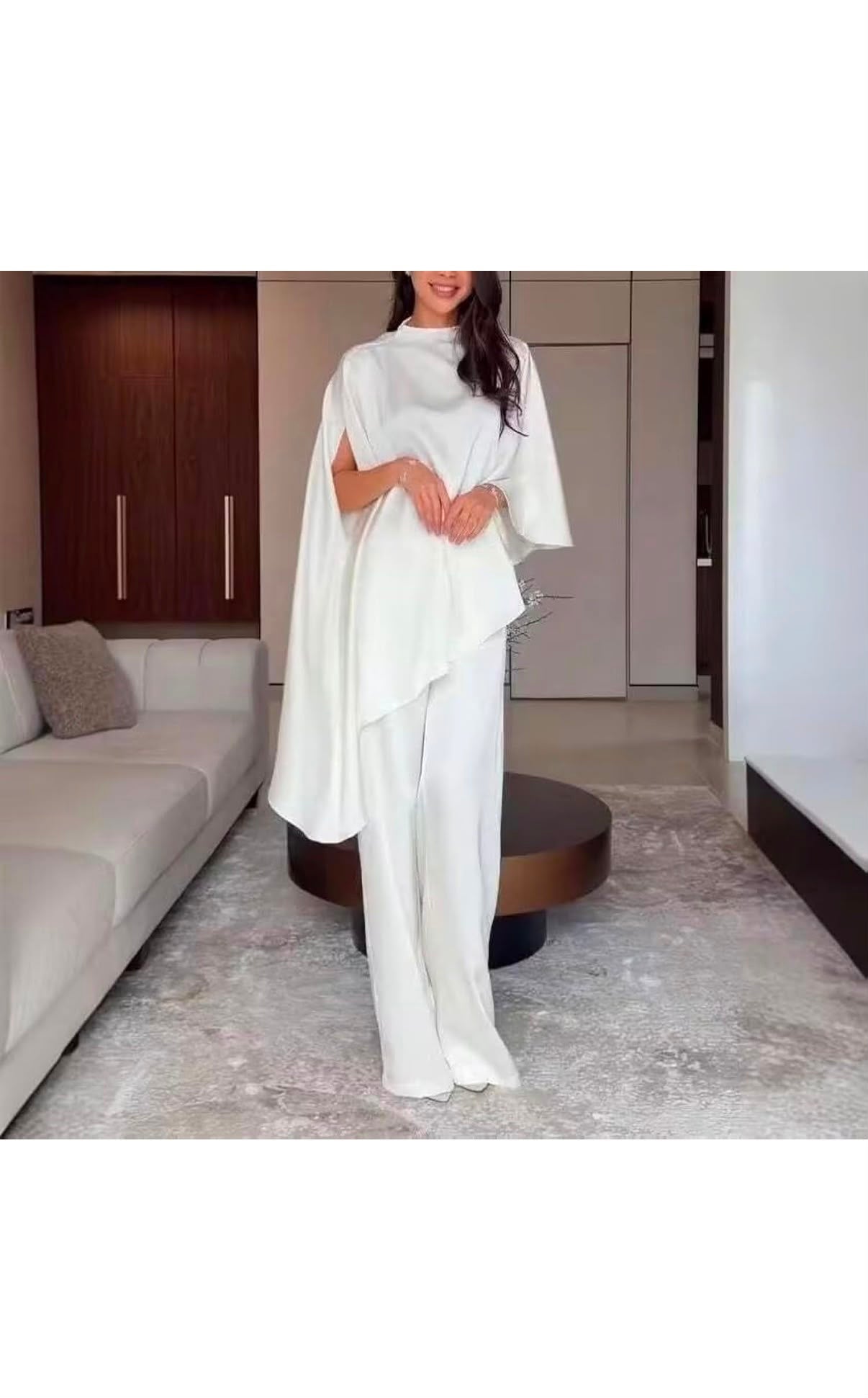 JANAN - Women's Elegant Satin Loose Two Piece Outfit Cape Top & Wide Leg Pants Set