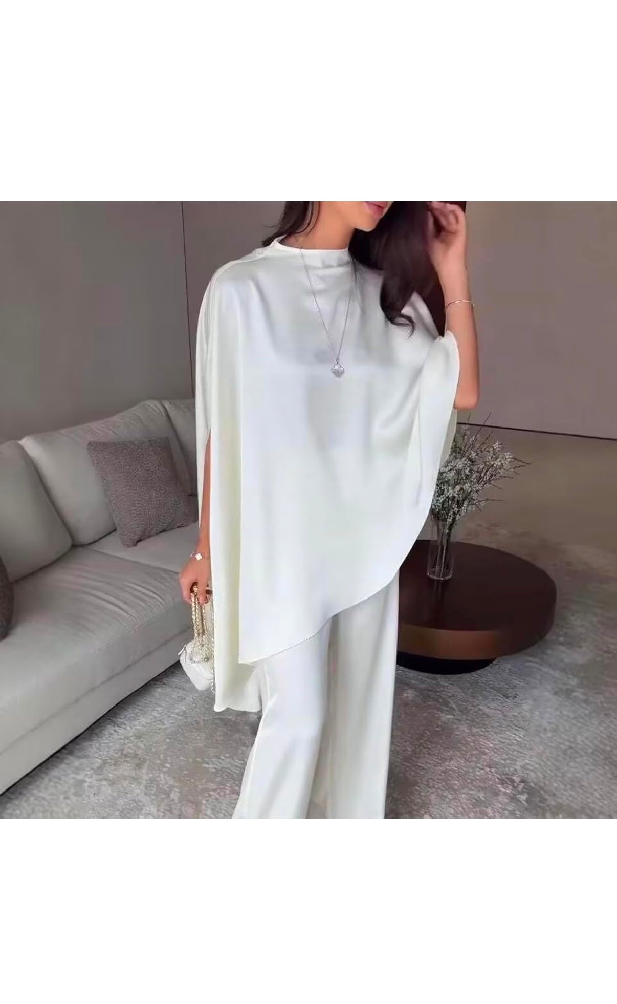 JANAN - Women's Elegant Satin Loose Two Piece Outfit Cape Top & Wide Leg Pants Set