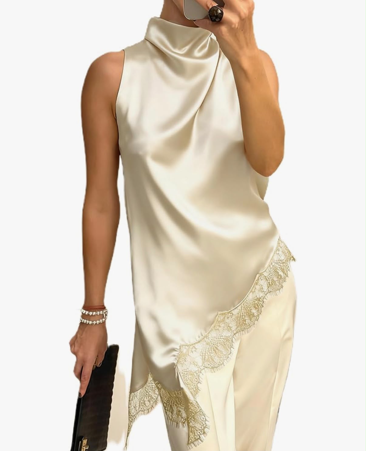 KHADIJA - Acrawnni Women Y2K Lace Trim Satin Halter Top Sleeveless Mock Neck Silk Loose Fit Lace Asymmetrical Hem Cami Top Going Out Tops