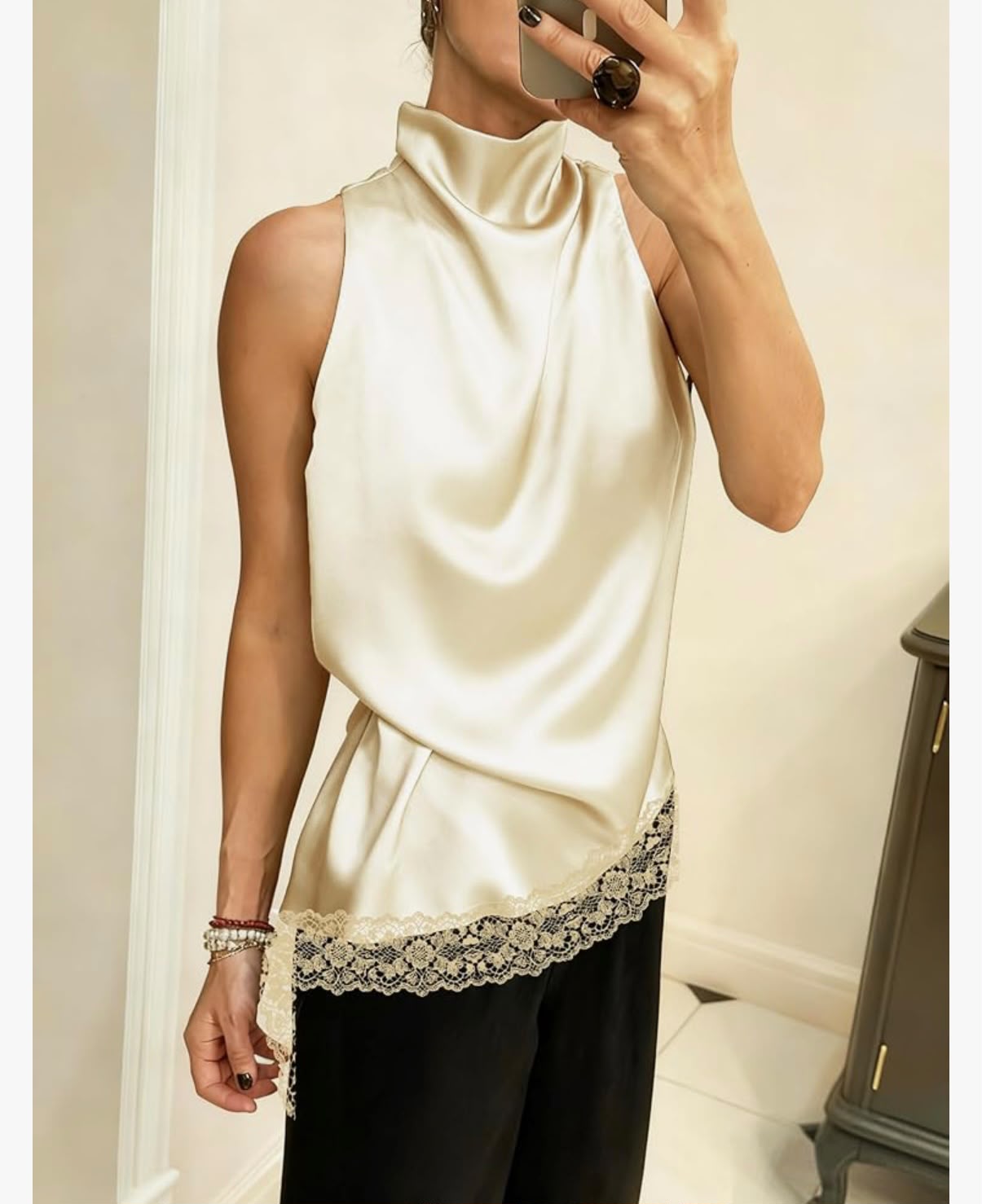 KHADIJA - Acrawnni Women Y2K Lace Trim Satin Halter Top Sleeveless Mock Neck Silk Loose Fit Lace Asymmetrical Hem Cami Top Going Out Tops