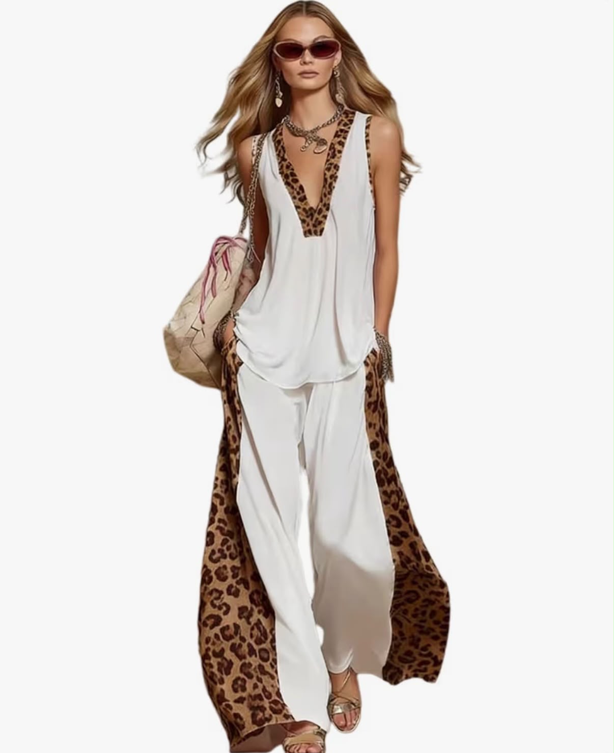 NHYIRA - Two Piece Sets for Women Summer Leopard Print Trim Tank Top Wide Leg Pants Sleeveless V Neck Beach Vacation Lounge Outfit Set