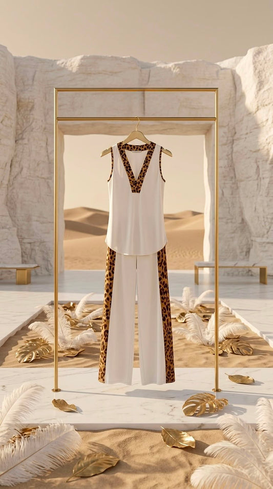 NHYIRA - Two Piece Sets for Women Summer Leopard Print Trim Tank Top Wide Leg Pants Sleeveless V Neck Beach Vacation Lounge Outfit Set