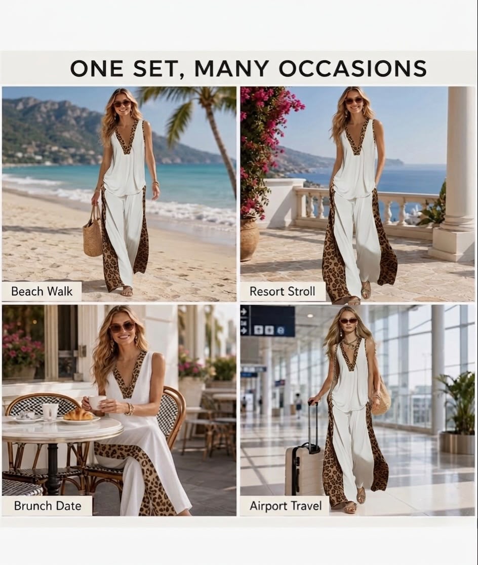 NHYIRA - Two Piece Sets for Women Summer Leopard Print Trim Tank Top Wide Leg Pants Sleeveless V Neck Beach Vacation Lounge Outfit Set