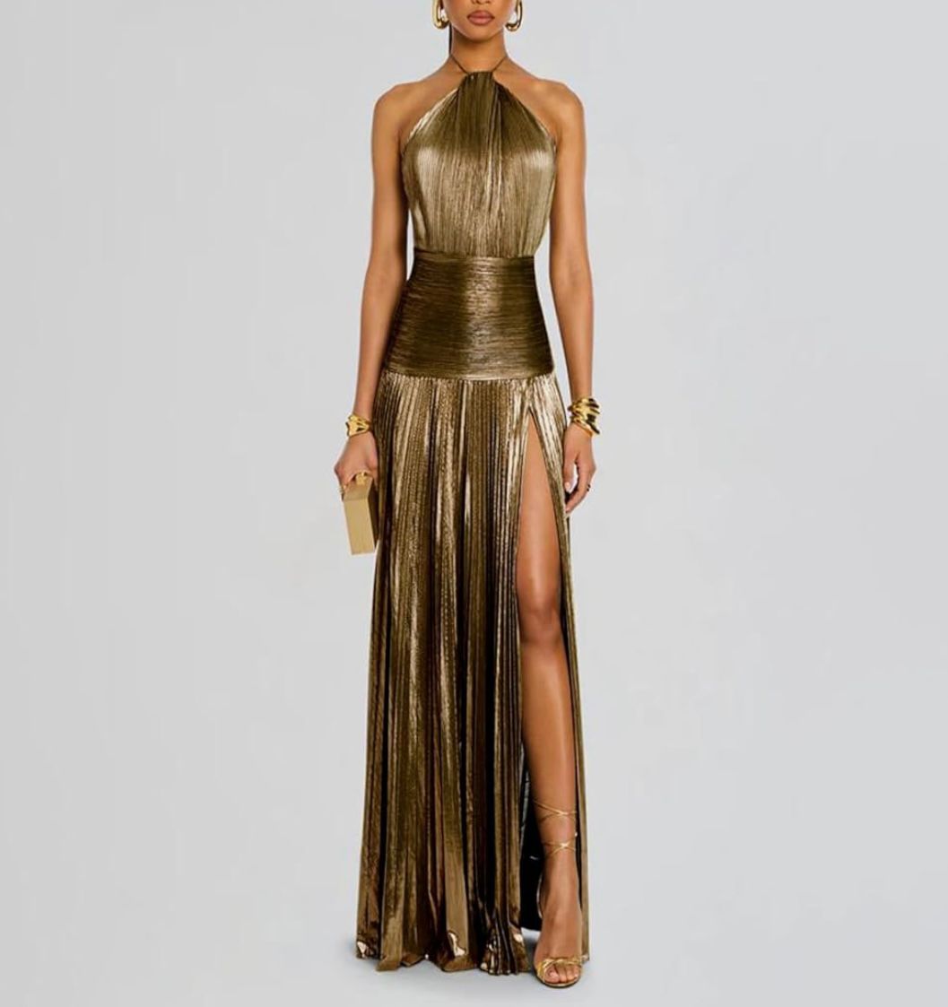 Women's Evening Gowns Luxury Sparkly Satin Halter Neck Maxi Dresses
