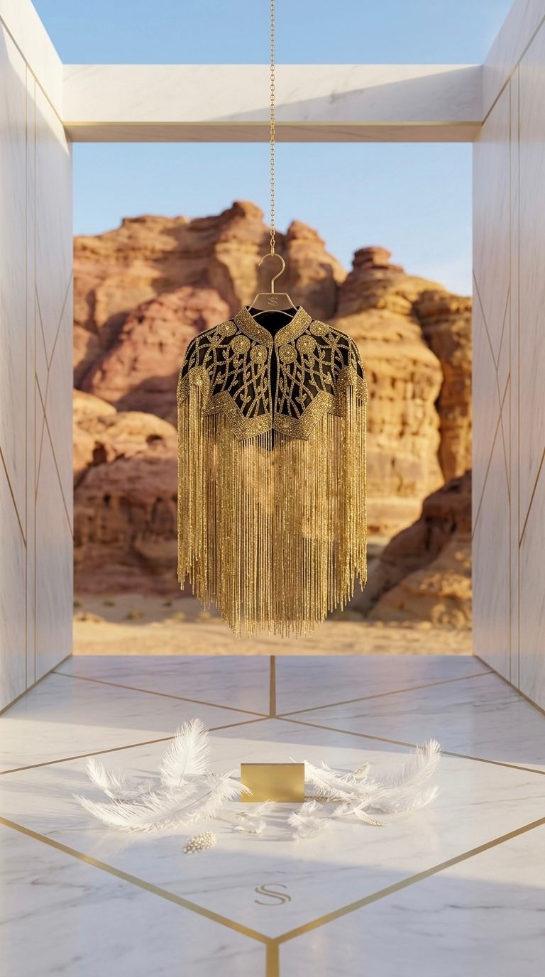 Maharani Dunes - Patchwork Tassel Fringed Cloak Coats Stand Collar Spliced Rhinestones Jacket