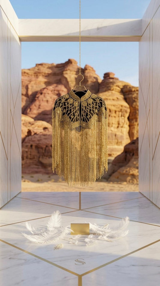 Maharani Dunes - Patchwork Tassel Fringed Cloak Coats Stand Collar Spliced Rhinestones Jacket