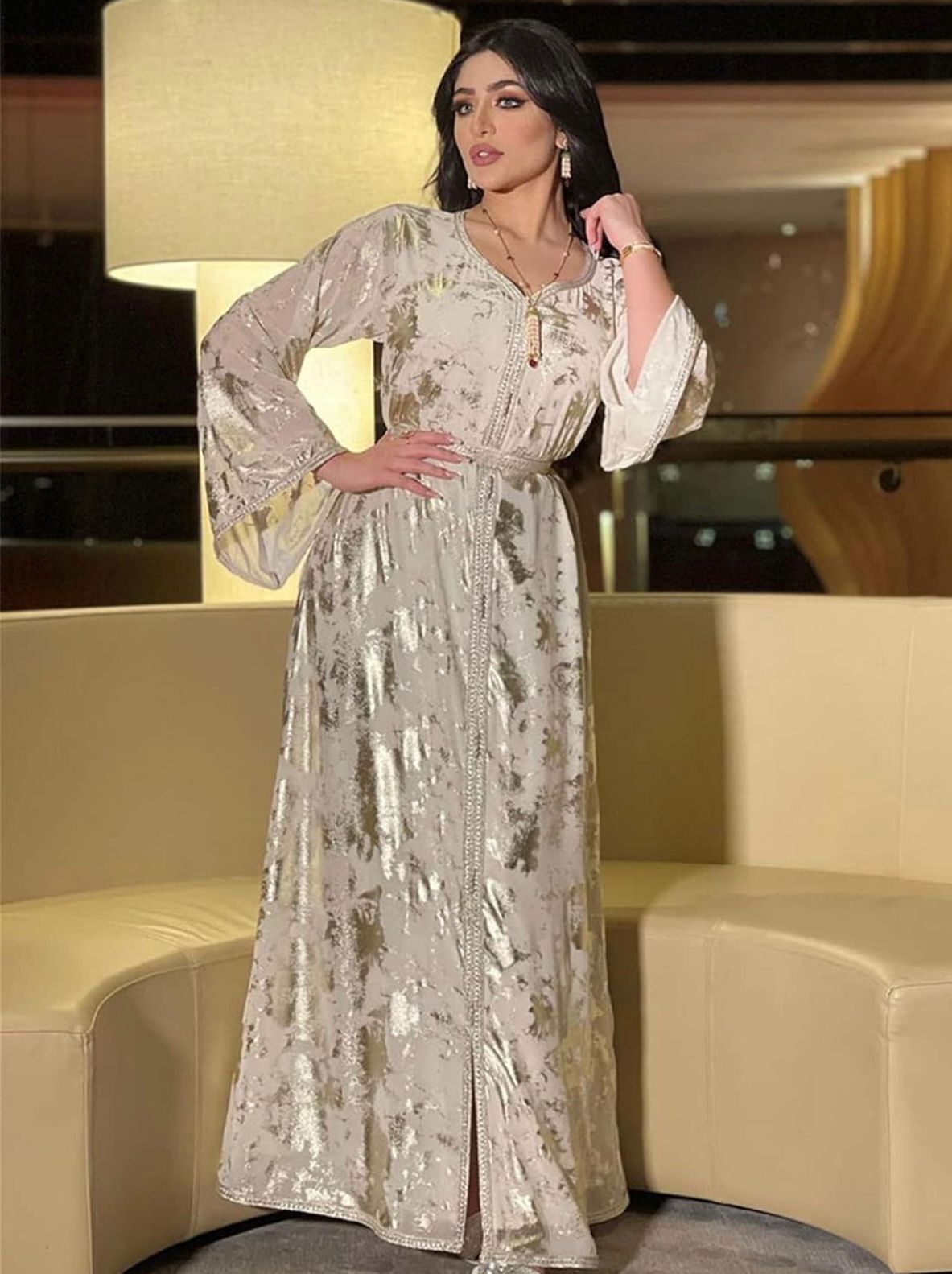 NISRINE - WILD ROSE Women Stamping Chiffon Arab Long Dress Moroccan Caftan Party Wedding Abaya