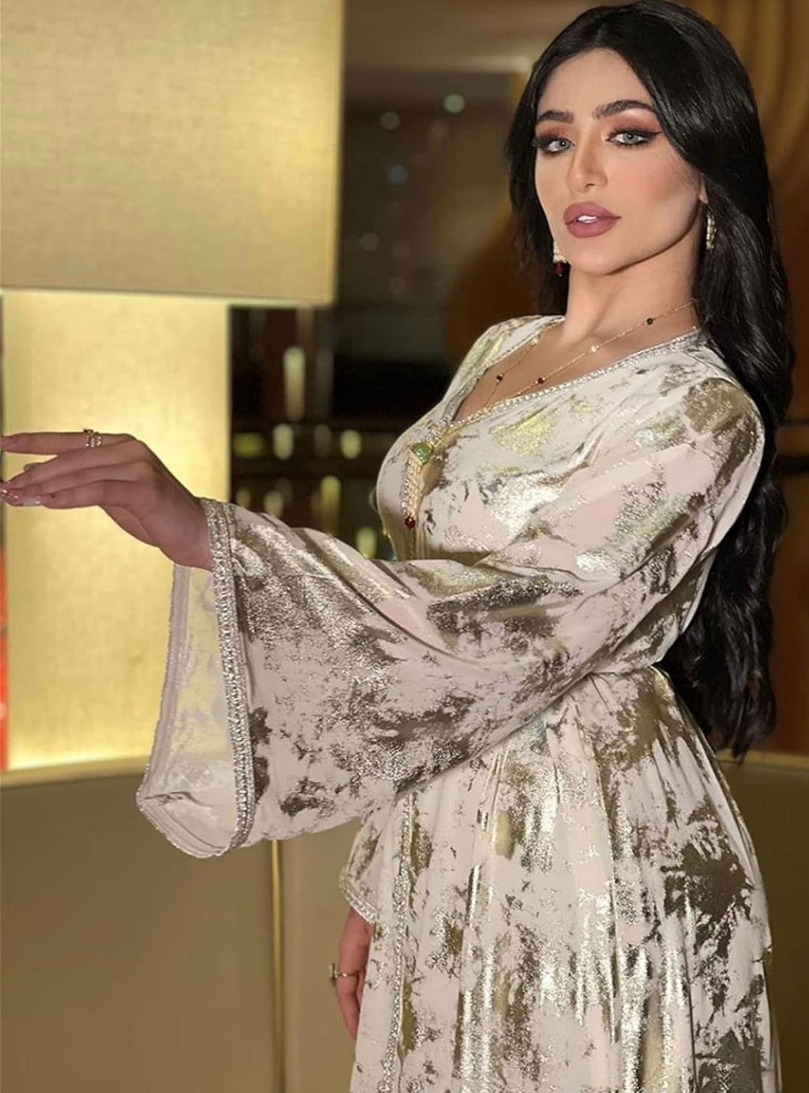 NISRINE - WILD ROSE Women Stamping Chiffon Arab Long Dress Moroccan Caftan Party Wedding Abaya
