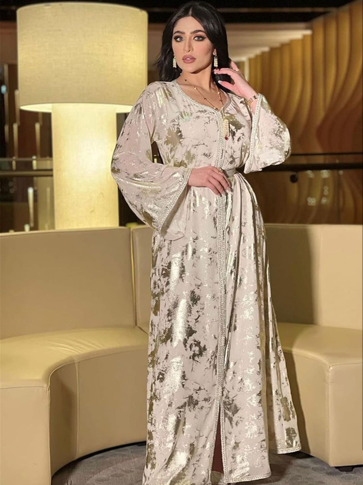 NISRINE - WILD ROSE Women Stamping Chiffon Arab Long Dress Moroccan Caftan Party Wedding Abaya