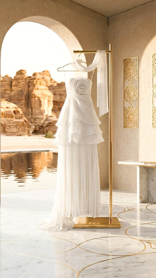 THE BLOOM - Women's Elegant Strapless Flower Top High Waist Pleated Long Skirt Party Sets
