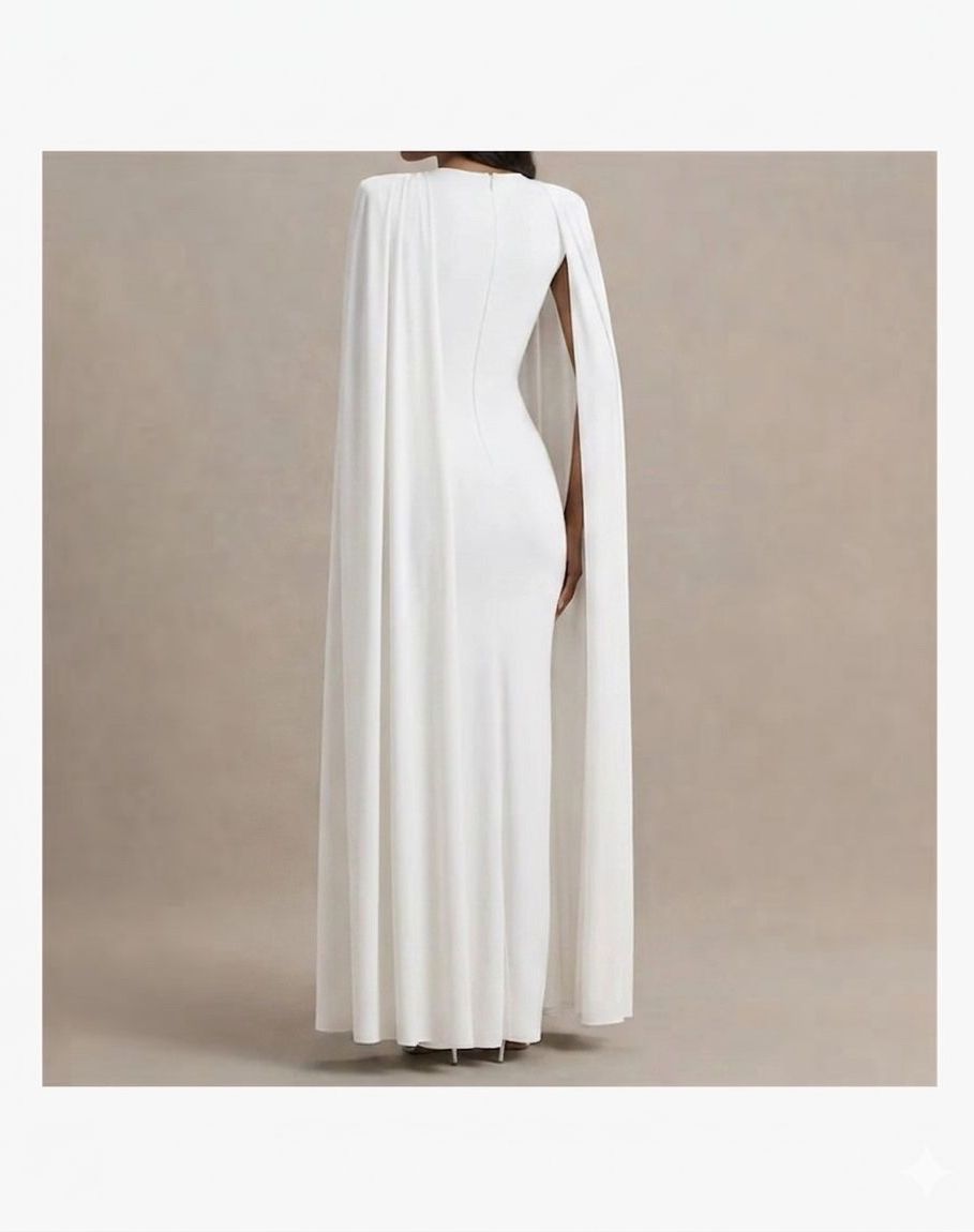 NOA - Women Solid Colour Cape Sleeve Long Maxi Dress Gown Crewneck High Waist Split Party Dresses