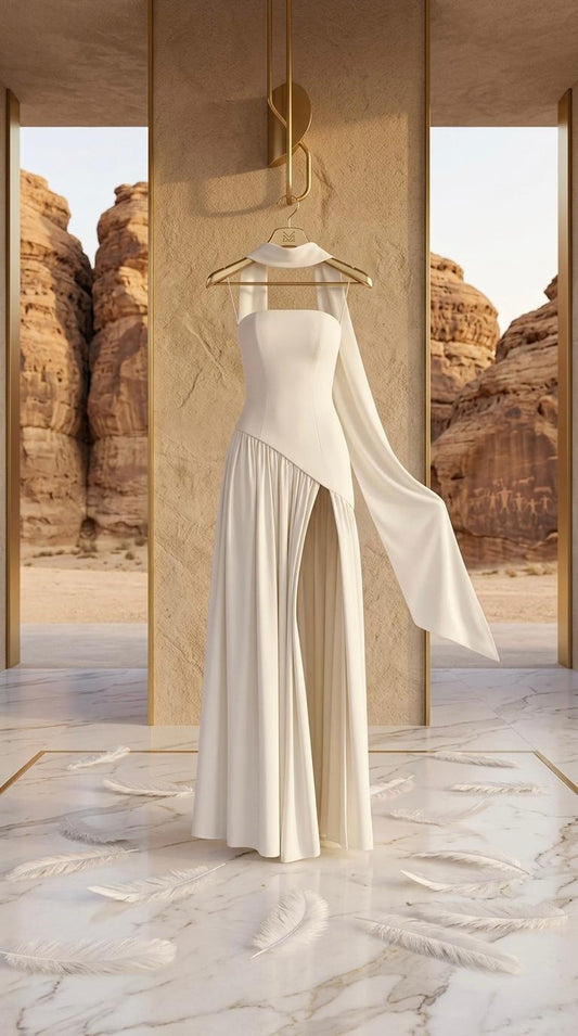YALI - Satin Bridesmaid Dresses for Wedding Strapless with Scarf Long Formal